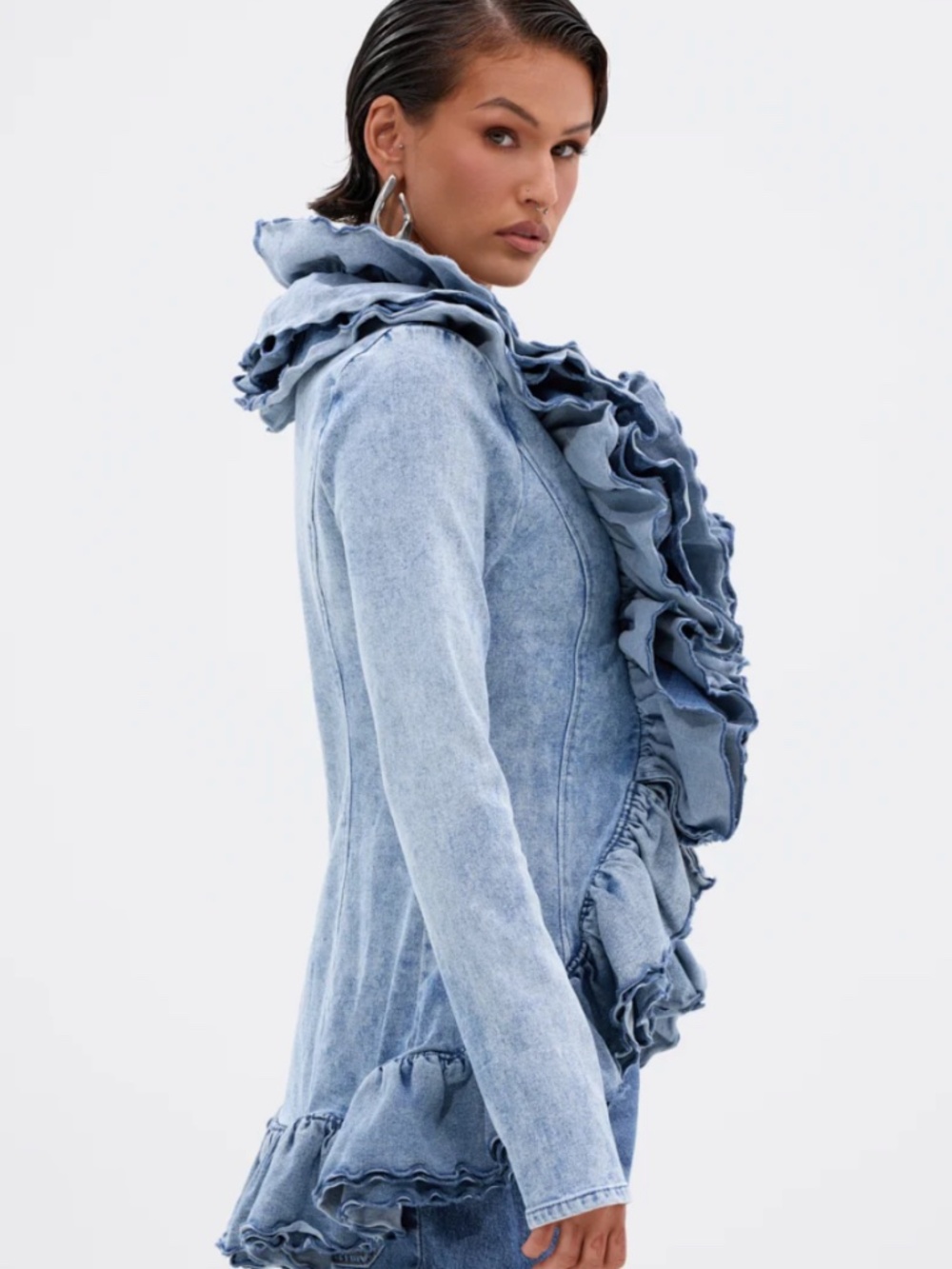 Light Wash Dramatic Ruffle Denim Jacket - Picture 2 of 5